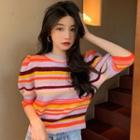 Elbow-sleeve Striped Knit Top Stripe - Tangerine & Yellow & Light Purple - One Size