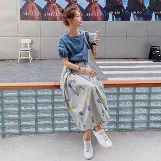 Set: Puff-sleeve Denim Blouse + Print Midi A-line Skirt