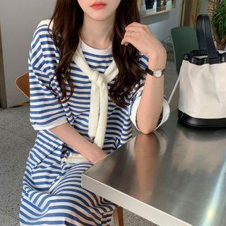 Set: Short-sleeve Striped Midi T-shirt Dress + Shawl