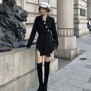 Contrast Button Long-sleeve Lace Up Wrap Long Shirt