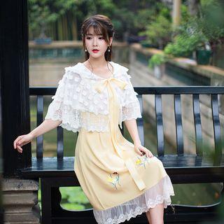 Set: Lace Cape Jacket + Embroidered Dress