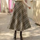 Wool Bland Flared Long Plaid Skirt
