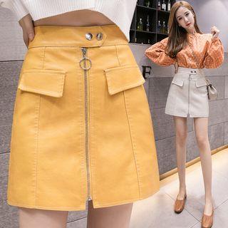 Zip Detail Faux Leather Mini Straight-fit Skirt