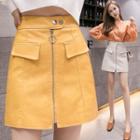 Zip Detail Faux Leather Mini Straight-fit Skirt