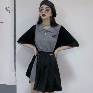 Color Block Short-sleeve Polo Shirt / Pleated Skirt