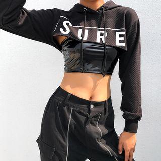 Lettering Drawstring Crop Hoodie