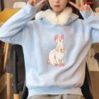 Furry Trim Rabbit Embroidered Hoodie