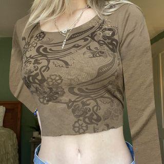 Printed Round Neck Long Sleeve Cropped Top