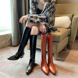Faux Leather Low Heel Pointed Tall Boots