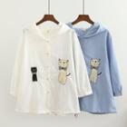 Cat Embroidered Button Hooded Light Jacket