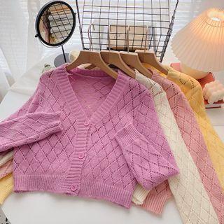 Long-sleeve V-neck Argyle Knit Cardigan