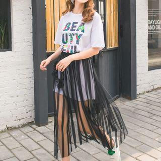 Set: Lettering Elbow Sleeve T-shirt Dress + Maxi Mesh Skirt