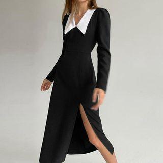 Long-sleeve Collared Slit-hem Midi A-line Dress