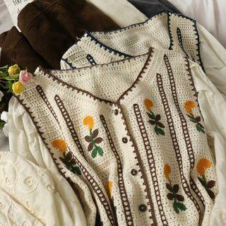 Patchwork Embroidered Button-down Crop Knit Top
