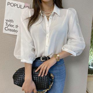 Organza Puff-sleeve Crepe Shirt
