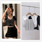 Puff-sleeve Plaid Knit Top