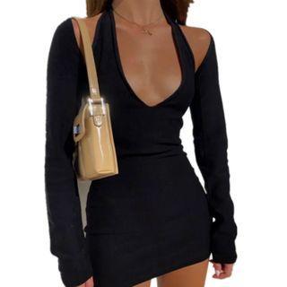 Set: Halter-neck Mini Sheath Dress + Cropped Open Front Cardigan