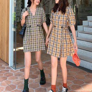 V-neck Drawstring Plaid Midi Dress
