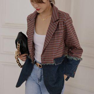 Color-block Plaid Panel Denim Jacket