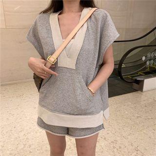Set: Contrast Trim Cap-sleeve T-shirt + Wide-leg Shorts Set - Gray - One Size