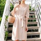 Short-sleeve Cold-shoulder Buttoned Dress With Sash