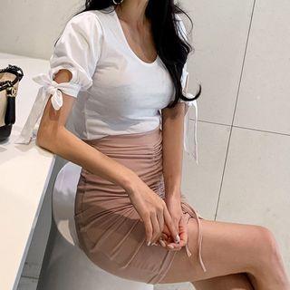 Set: Short-sleeve U-neck T-shirt + Drawstring Pencil Skirt