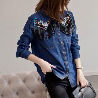 Fringed Hem Denim Buttoned Jacket