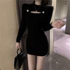 Ribbed Cutout Mini Knit Sheath Dress Black - One Size