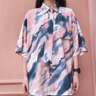 Printed Elbow-sleeve Shirt With Necktie