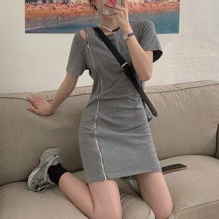 Short-sleeve Zip-accent Mini Sheath Dress