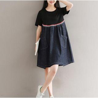 Short Sleeve Denim Panel Stripe A-line Midi Dress