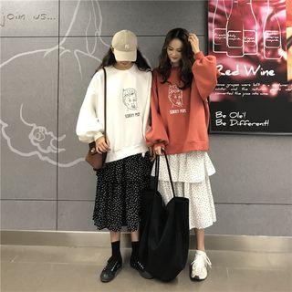 Cartoon Print Sweatshirt / Dotted Midi Layered Skirt