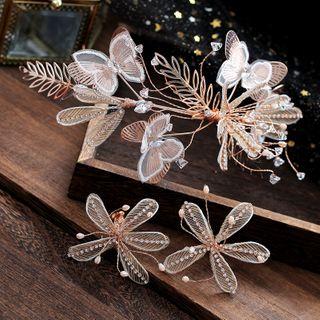 Wedding Set: Butterfly & Branches Headband + Dangle Earring Set - Headband & Clip On Earrings - One Size