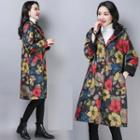 Floral Print Buttoned Hooded Coat