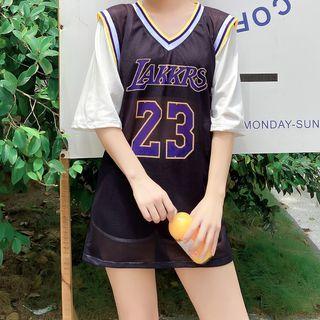 Set: Tankini Top + Swim Shorts + Short-sleeve Lettering Cover-up