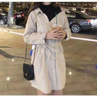 Tie-waist Corduroy Mock Two Piece Dress