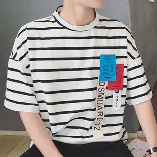 Applique Striped Elbow Sleeve T-shirt