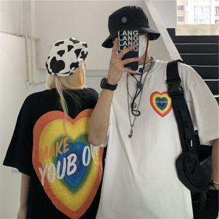Elbow-sleeve Heart Rainbow Print T-shirt