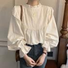 Long-sleeve Frill Trim Blouse Almond - One Size