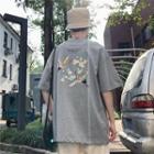 Elbow-sleeve Crane Printed T-shirt