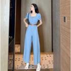 Square Neck Puff-sleeve Denim Jumpsuit