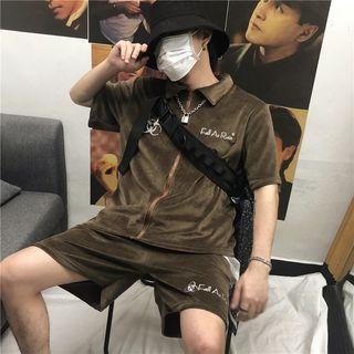 Set: Short-sleeve Embroidered Zip Jacket + Shorts