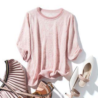 3/4-sleeve Faux Pearl Lace Knit Top