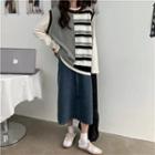 Set : Striped Knit Vest + Long-sleeve T-shirt + Denim Skirt