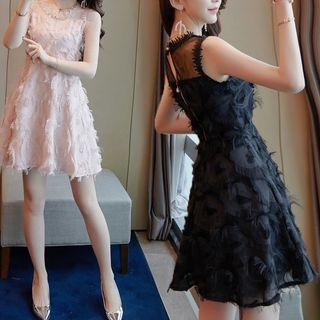 Mesh Panel Feather Mini Tank Dress