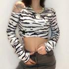 Asymmetrical Cold-shoulder Zebra Print Crop T-shirt