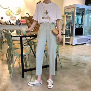 Short-sleeve Lettering Tee / High-waist Plain Cropped Pants