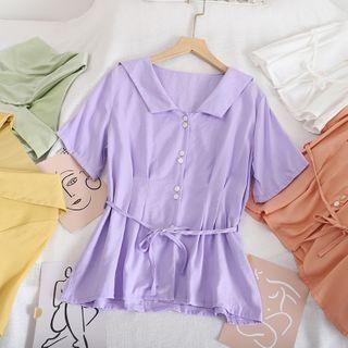 Tie-waist Short-sleeve Button Blouse