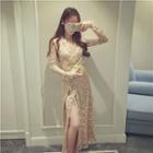 Long-sleeve Slit-side Lace Dress