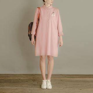 Long-sleeve Cat Embroidery Placket Shirt Dress